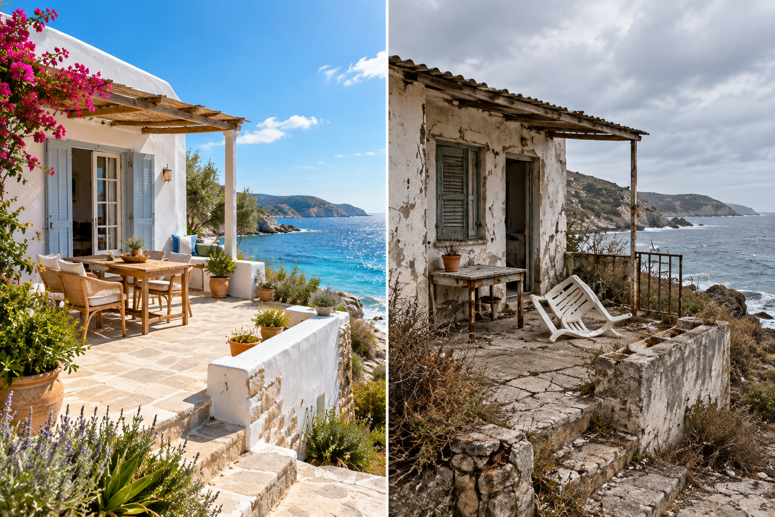 Fictional comparison: an inviting coastal cottage beside a run-down rental shack